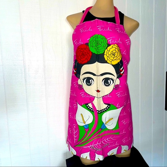 Frida Kahlo Kitchen Apron Fridita Mandil Pink handmade Adult Pockets garment* - Picture 10 of 10